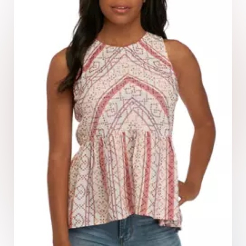 Babydoll Sleeveless Top Cream Pink Floral XL Cotton Boho Junior's EUC